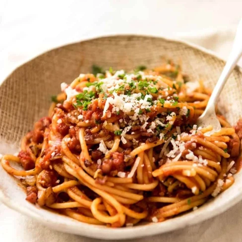 Bacon Pasta with tomato pasta sauce Image