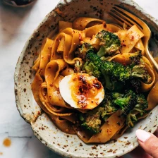 Chili Garlic Pappardelle with Smashed Broccoli and Soft Eggs Recipe Page