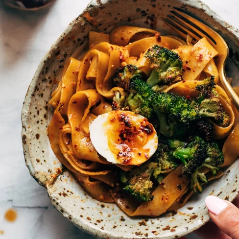 Chili Garlic Pappardelle with Smashed Broccoli and Soft Eggs Image