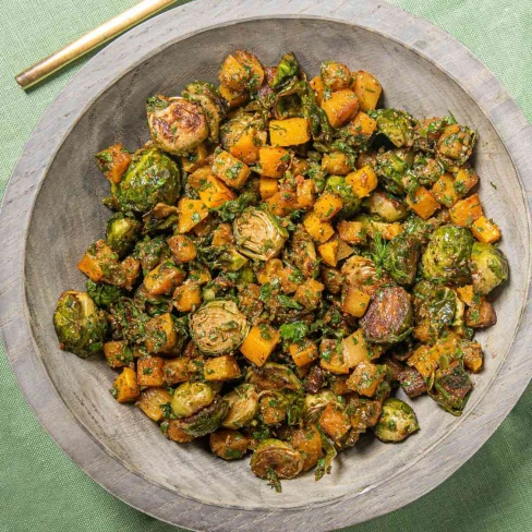 Roast Butternut Squash and Brussels Sprouts With Spiced Honey-Herb Dressing Image