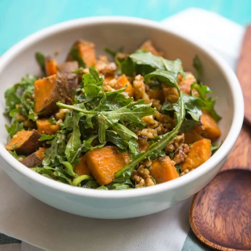 Arugula, Sweet Potato, and Walnut Salad With Dashi &quot;Vinaigrette&quot; Recipe Image