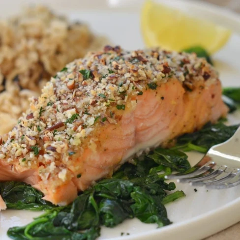 Baked Salmon with Honey Mustard and Pecan Panko Crust Image