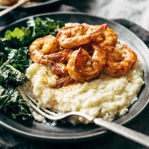 Spicy Shrimp With Cauliflower Mash And Garlic Kale Image