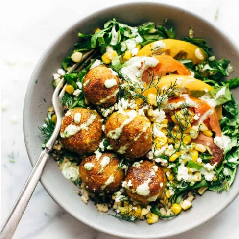 Summer Bliss Bowls With Sweet Potato Fritters And Jalapeño Ranch Image