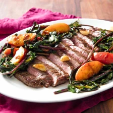 Pan-Seared Flank Steak With Peaches and Dandelion Greens Recipe Recipe Page