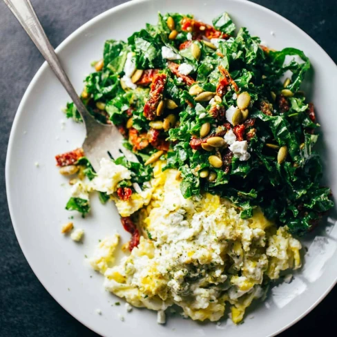 Goat Cheese Scrambled Eggs With Pesto Veggies Image