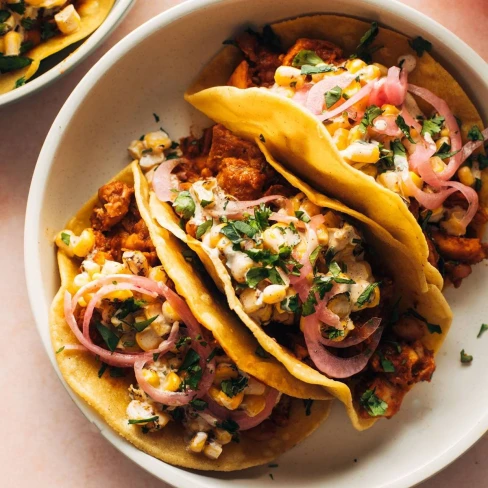 Red Chile Chicken Tacos with Creamy Corn Image