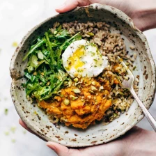 Healing Bowls With Turmeric Sweet Potatoes, Poached Eggs, And Lemon Dressing Recipe Page