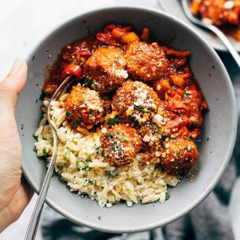 Chicken Meatballs With Peppers And Orzo Image