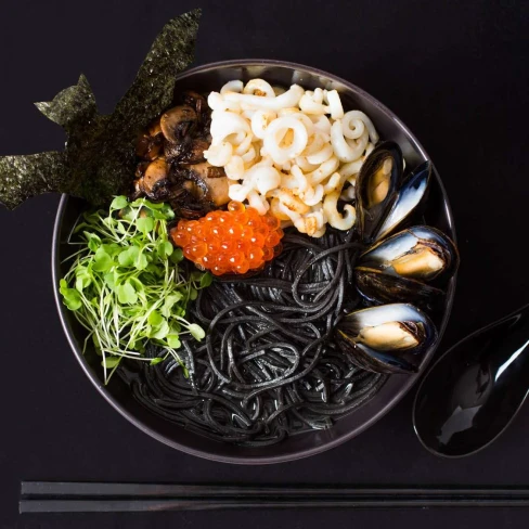 Seafood Ramen With Squid Ink, Mussels, and Salmon Roe Recipe Image