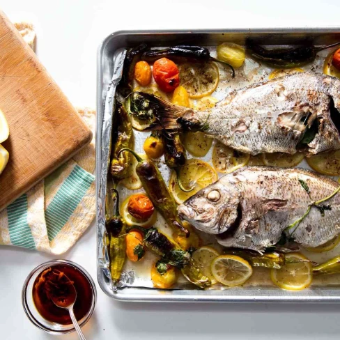 Broiled Whole Porgy With Blistered Shishito and Tomato Recipe Image