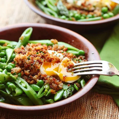 Spring Vegetable Salad With Poached Egg and Crispy Bread Crumbs Recipe Image