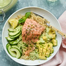 Roasted Salmon Quinoa Bowls with Avocado, Cucumber &amp; Green Goddess Dressing Recipe Page