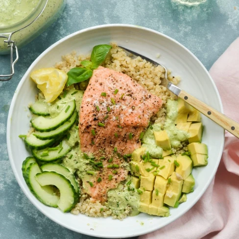 Roasted Salmon Quinoa Bowls with Avocado, Cucumber &amp; Green Goddess Dressing Image