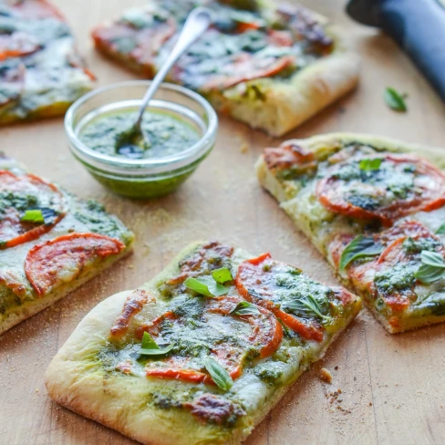 Pesto Pizza with Fresh Tomatoes &amp; Mozzarella Image