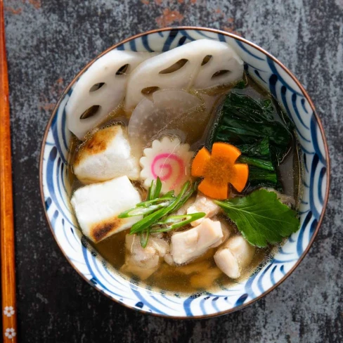 Ozoni (Japanese New Year&#039;s Soup) With Mochi, Chicken, and Vegetables Image