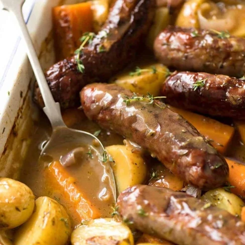 Oven Baked Sausages with Potatoes, Vegetable AND Gravy! Image