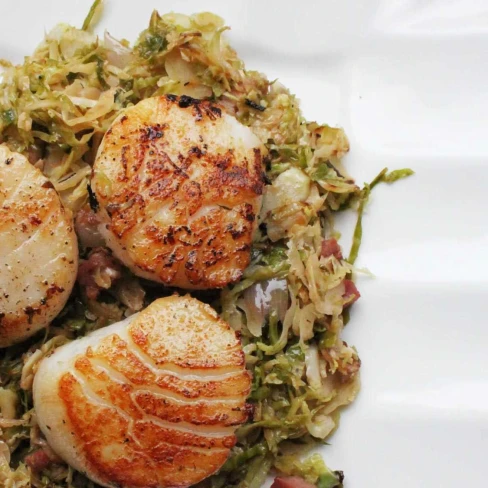 Seared Scallops With Pancetta and Brussels Sprouts Recipe Image